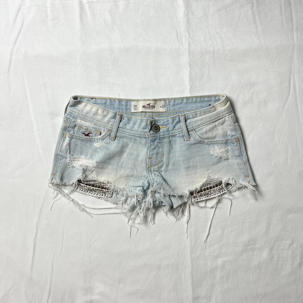 y2k hollister low rise boho studded distressed micro mini jean denim shorts